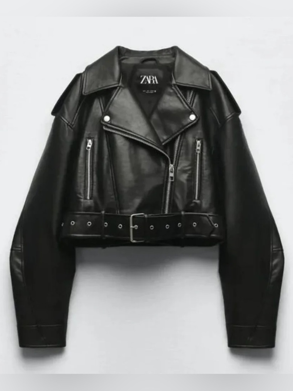 Zara Black Vegan Faux Leather Cropped Biker Moto Jacket Belted